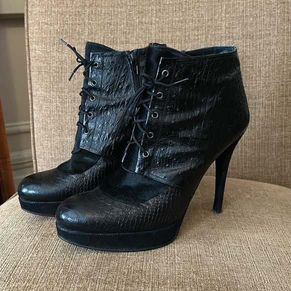 Stuart Weitzman leather & pony hair platform boots. - Picture 1 of 7